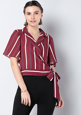 Maroon Striped Lapel Crop Shirt