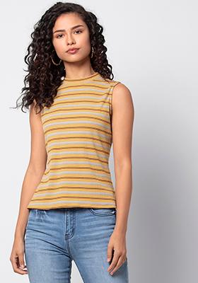 BASICS Mustard Striped High Neck T-Shirt 