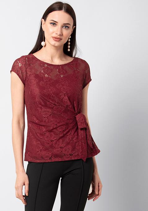 Deep Maroon Lace Side Tie Top 