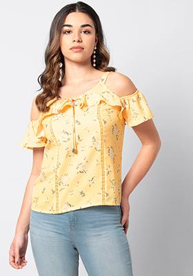 Yellow Floral Strappy Cold Shoulder Top 
