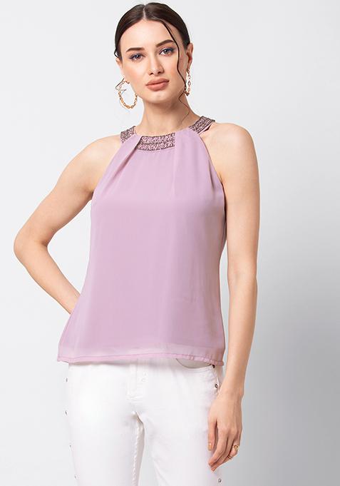 Lilac Solid Embellished Halter Top 