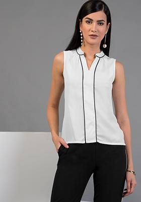 White Contrast Piping Sleeveless Top 