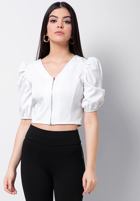 Buy Women White Puff Sleeve Zipped Crop Top Crop Tops Online India