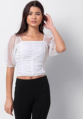 White Mesh Ruched Smocked Crop Top