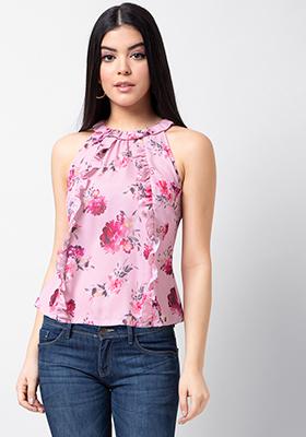 Lady Pink Green Bright Floral flower  Print Chiffon Sleeveless Shirt Blouse Top