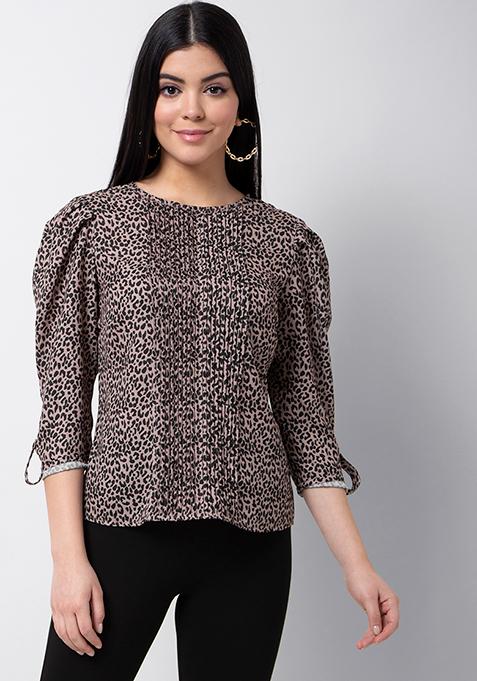 Buy Women Beige Leopard Print Puff Sleeve Pink Tuck Blouse - Blouses ...