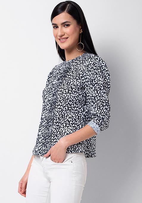 Buy Women Black Leopard Print Puff Sleeve Pink Tuck Blouse - Trends ...