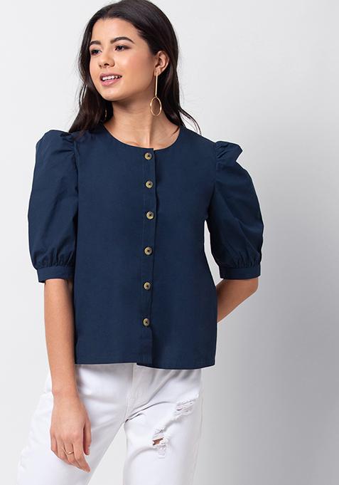 Buy Women Navy Puff Sleeve Button Down Blouse - Blouses Online India - FabAlley