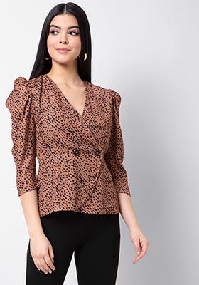 Brown Dotted Buttoned Wrap Top 