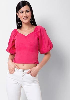 Pink Solid Puff Sleeve Wrap Top 