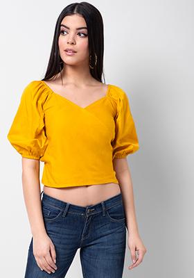 Mustard Solid Puff Sleeve Wrap Top 