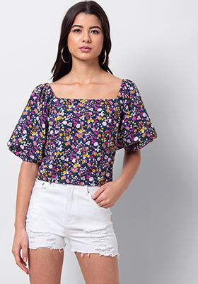 Navy Ditsy Puff Sleeve Buttoned Crop Top 