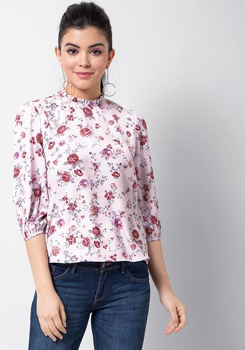 Buy Women Pink Floral Blouson Sleeve Top - Blouses Online India - FabAlley
