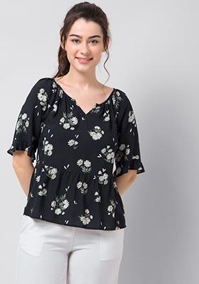 Navy Floral Frilled Tiered Blouse 