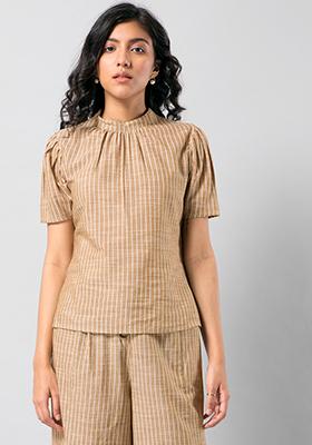 Brown Striped High Neck Top