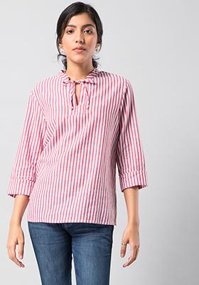 Red Striped Cuffed Detail Blouse 