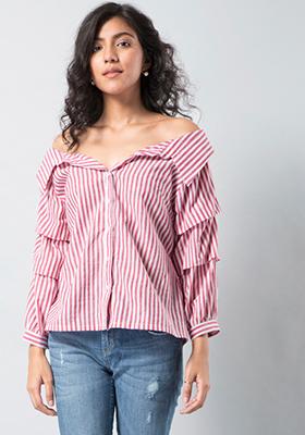 Red White Striped Off Shoulder Shirt 