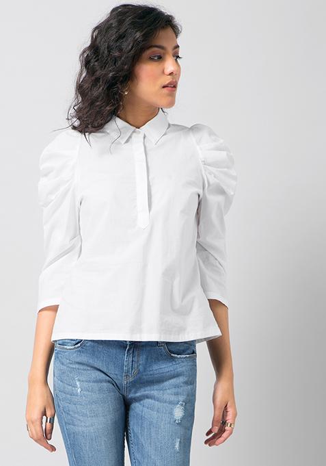Buy Women White Buttoned Puff Sleeve Top - Work From Home Collection ...