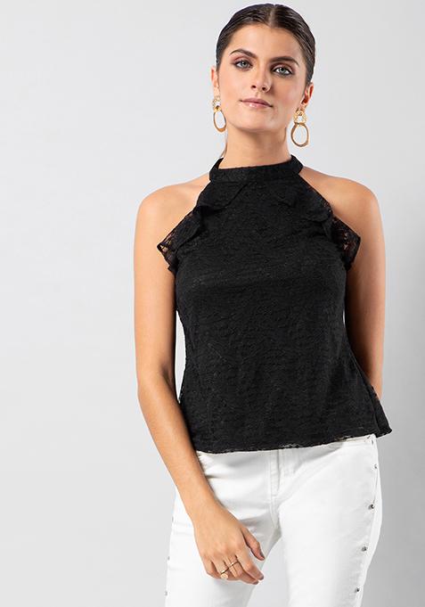 Black Lace Ruffled Halter Top 