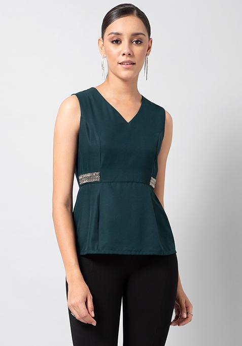 Buy Women Green Embellished Peplum Top - Party Wear Online India - FabAlley