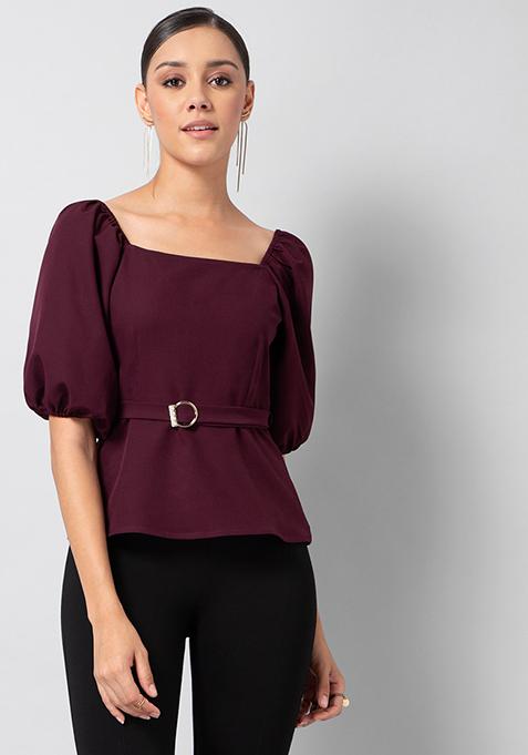 Puff Sleeve Keyhole Back Top | SHEIN USA | Puff sleeve blouse, Half sleeve blouse, Elegant blouses
