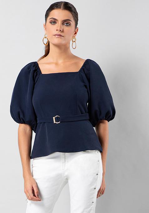 Navy Buckle Belted Puff Sleeve Top 