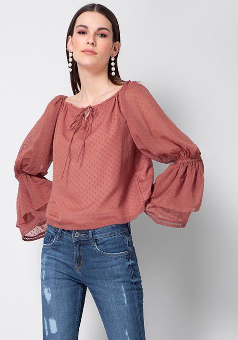 Pink Swiss Dot Bell Sleeves Top 