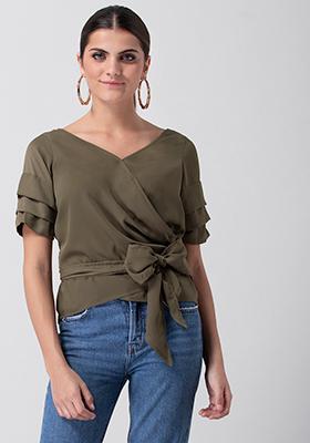 Olive Tiered Sleeve Wrap Top 