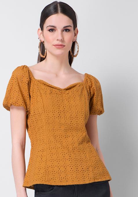 Mustard Schiffli Puff Sleeve Top