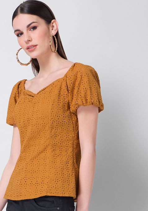 Buy Women Mustard Schiffli Puff Sleeve Top Beach Wear Online India Faballey 8197