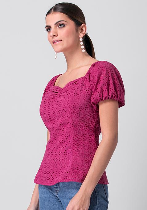 Hot Pink Schiffli Puff Sleeve Top