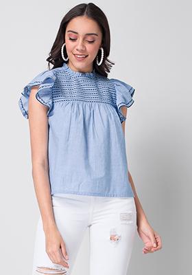 Blue Chambray Embroidered Puff Sleeve Top 