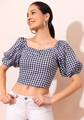 Blue And White Gingham Smocked Crop Top
