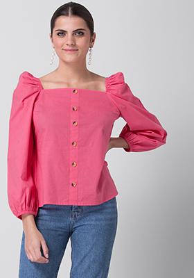 Hot Pink Blouson Sleeve Buttoned Top