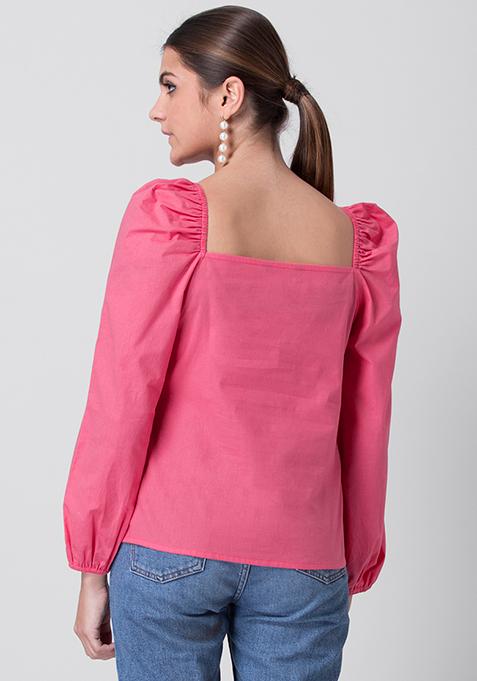 Buy Women Hot Pink Blouson Sleeve Buttoned Top - Blouses Online India ...