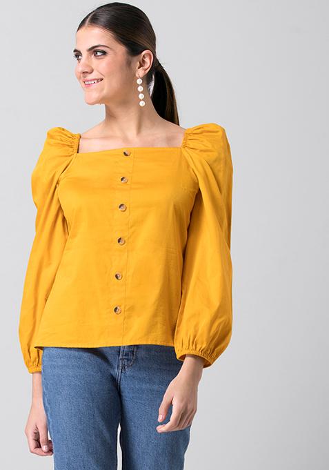 Mustard Blouson Sleeve Buttoned Top