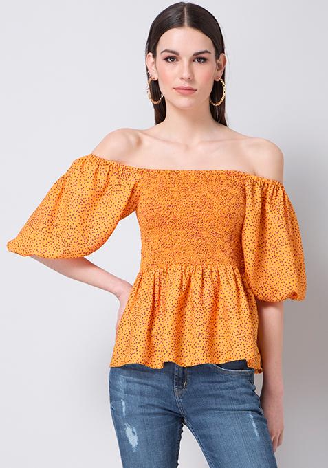 Buy Women Yellow Dotted Smocked Peplum Top - Trends Online India - FabAlley