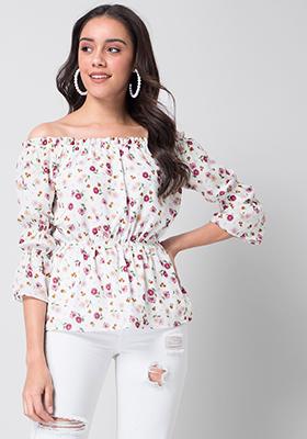 White Floral Elasticated Waist Top