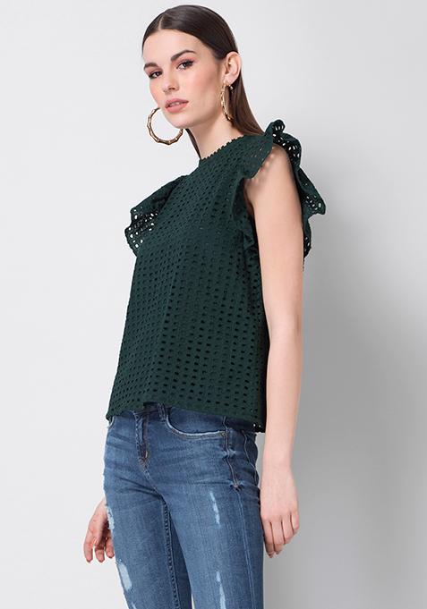 green ruffle sleeve top