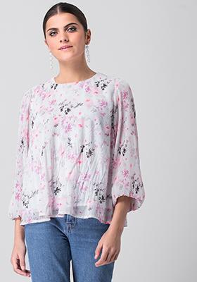White Pink Floral Pleated Top