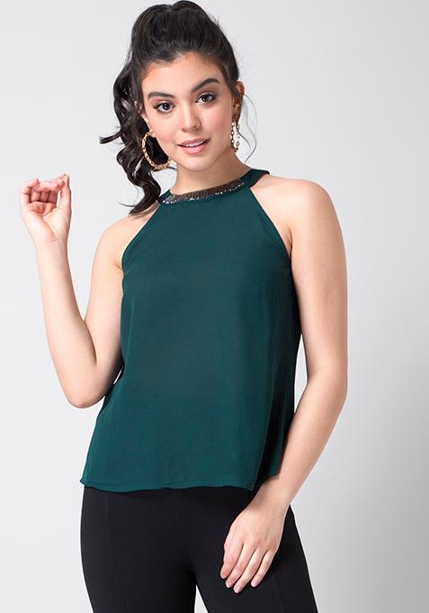 Green Embellished Halter Top