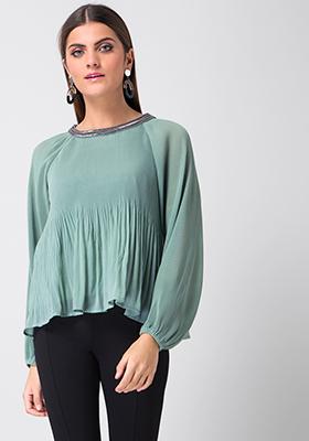 Green Embellished Pleated Top