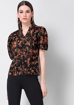 Black Floral Frilled Pin Tuck Top 