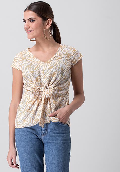 Beige White Tropical Front Knot Top 