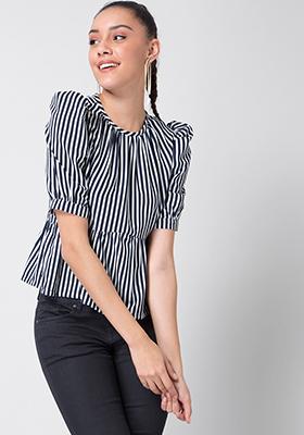 Navy Striped Puff Sleeve Top