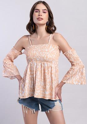 Beige White Abstract Smocked Strappy Top