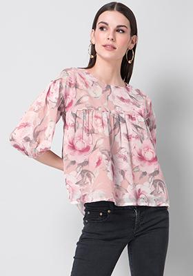 Peach Pink Floral Elasticated Blouse 
