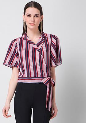 Red White Striped Lapel Crop Shirt 