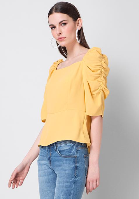 Buy Women Yellow Ruched Smocked Top - Trends Online India - FabAlley