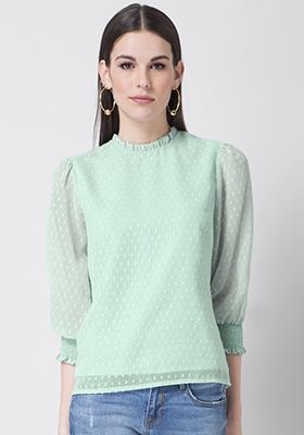 Green Dotted Smocked Sleeves Top